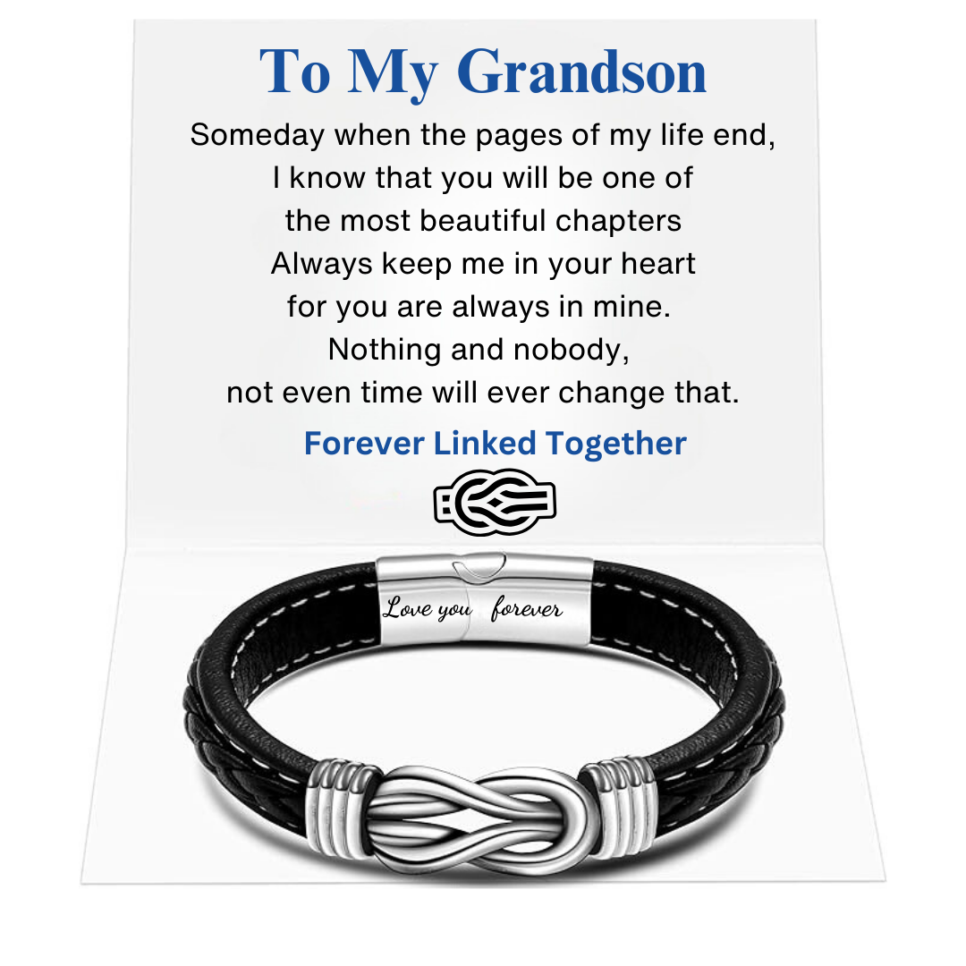 "GRANDMOTHER AND GRANDSON FOREVER LINKED TOGETHER" BRAIDED LEATHER BRACELET