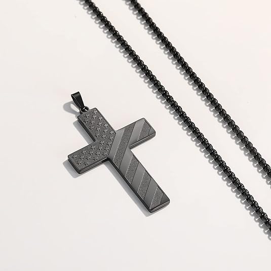 American Flag Black Cross Stainless Steel Chain Necklace For God So Loved the World