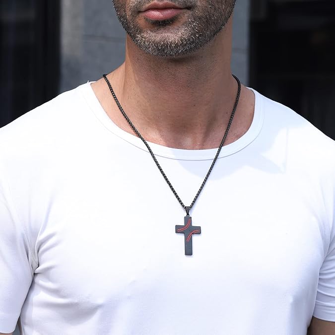 Baseball Cross Necklace for Boys Men, Stainless Steel Cross Pendant Chain Be Stronger