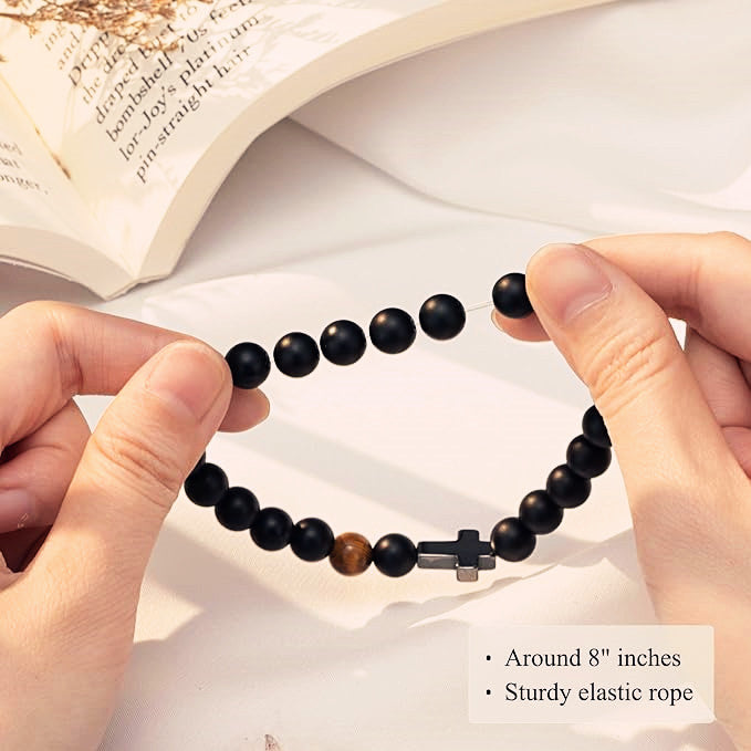 Cross Bracelet for Son, Black Tiger Eyes Beads Bracelet Birthday Graduation Gifts for Son