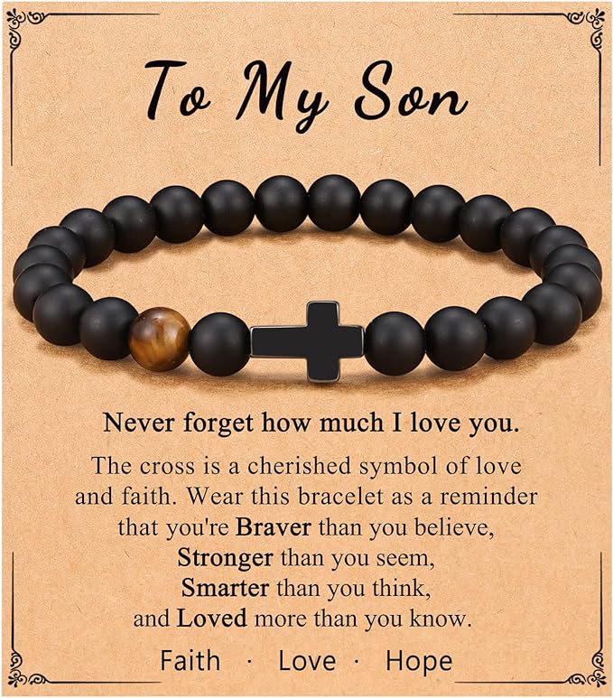 Cross Bracelet for Son, Black Tiger Eyes Beads Bracelet Birthday Graduation Gifts for Son