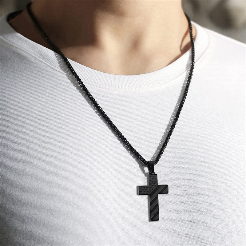 American Flag Black Cross Stainless Steel Chain Necklace For God So Loved the World