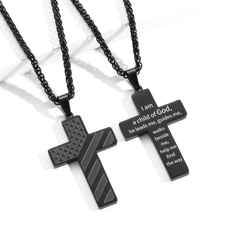 American Flag Black Cross Stainless Steel Chain Necklace a Child of God