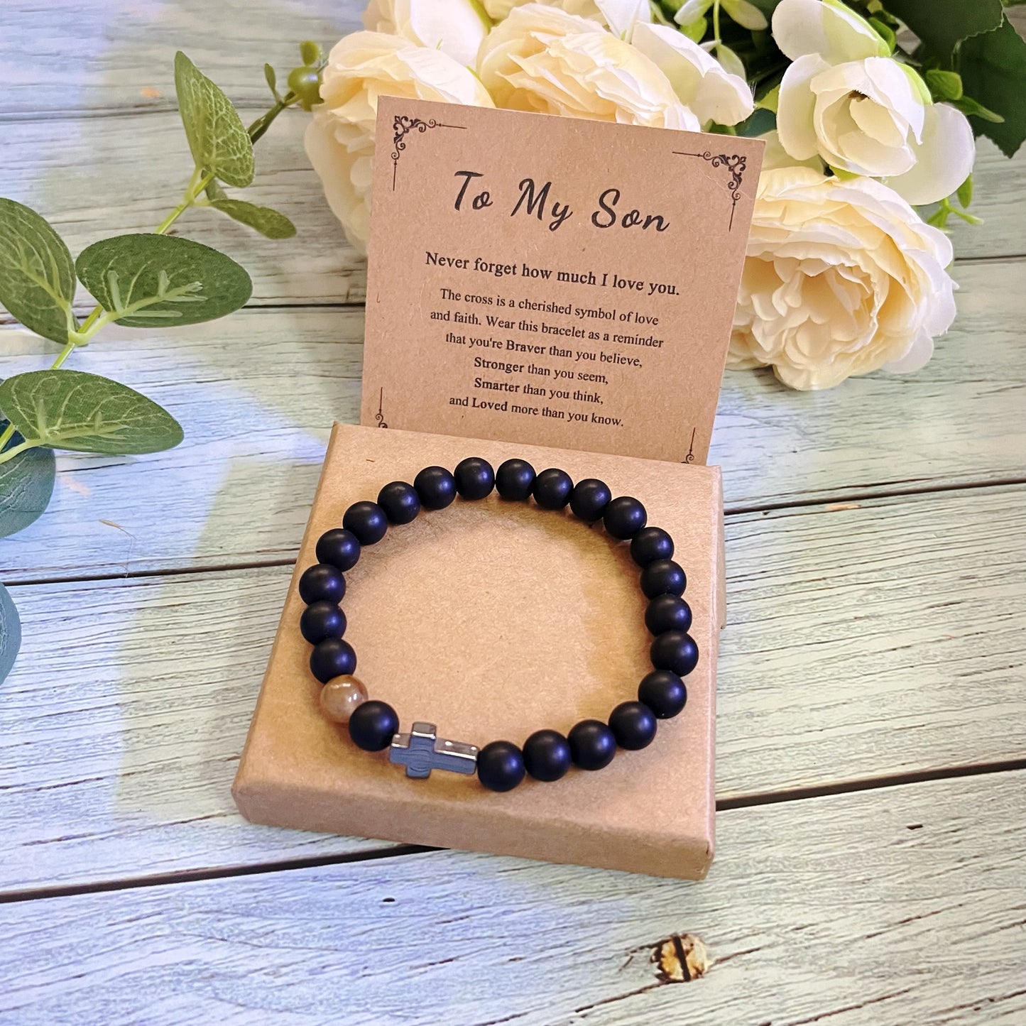 Cross Bracelet for Son, Black Tiger Eyes Beads Bracelet Birthday Graduation Gifts for Son