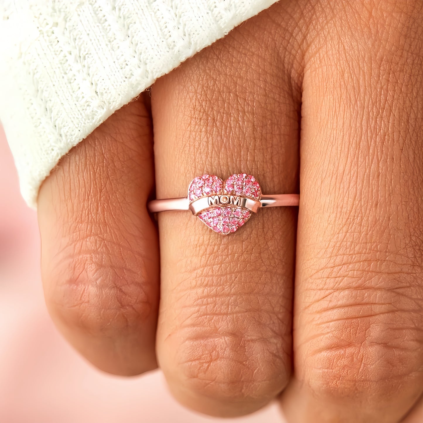 BEING A MOM IS A WORK OF HEART PAVÉ MOM HEART RING (adjustable)