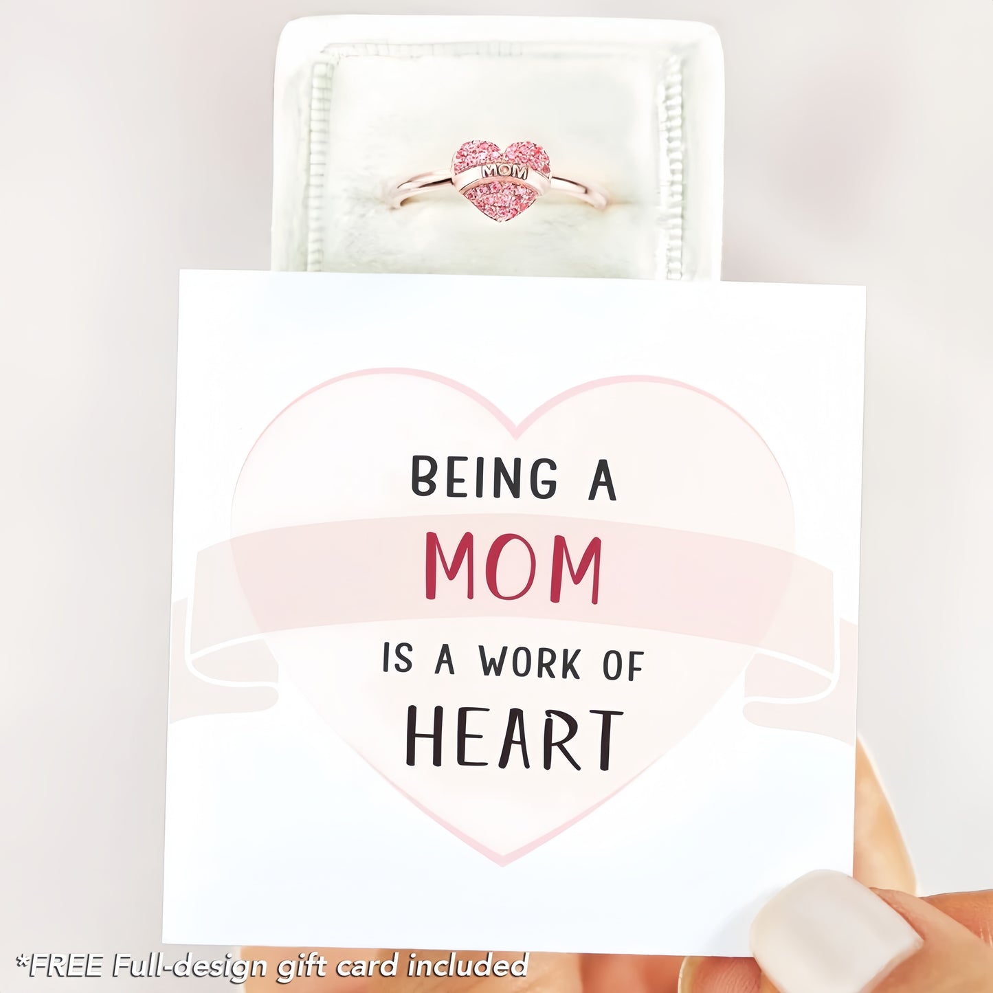 BEING A MOM IS A WORK OF HEART PAVÉ MOM HEART RING (adjustable)