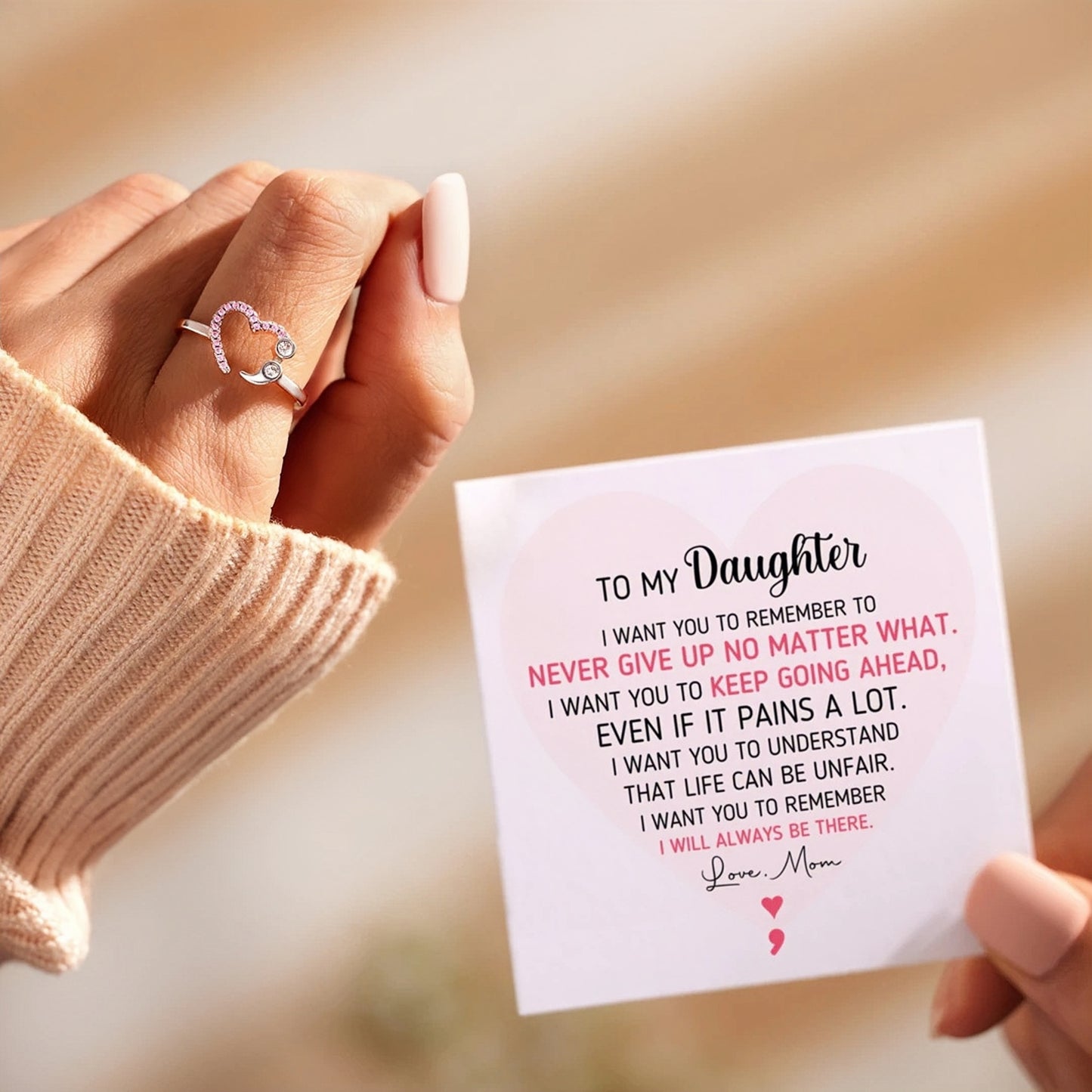 Never Give Up No Matter What Semicolon Ring For Daughter (Adjustable)