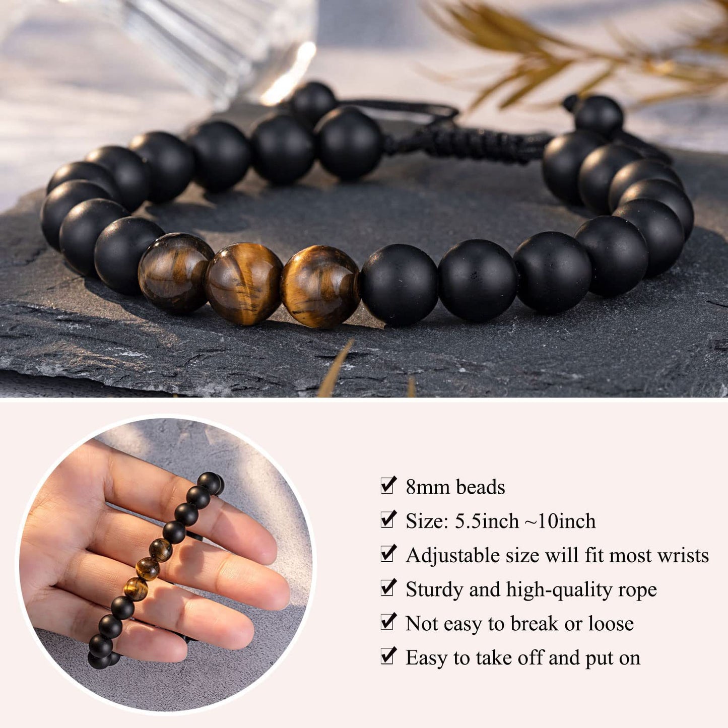 Natural Stone Adjustable Hand String for Men-Tiger Eye Stone | Onyx Agate Stone