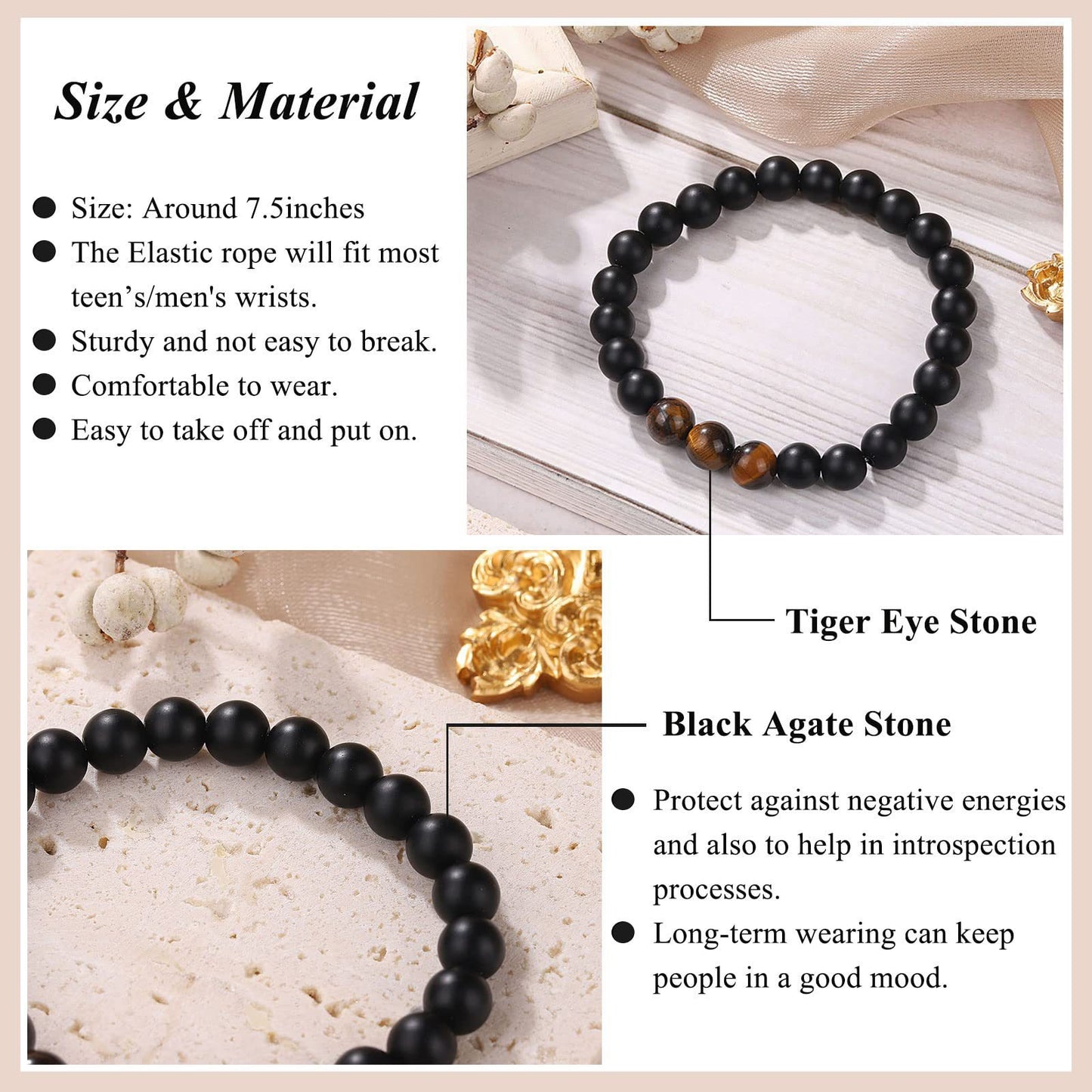 Natural Stone Bracelets for Men-Tiger Eye Stone | Black Agate Stone