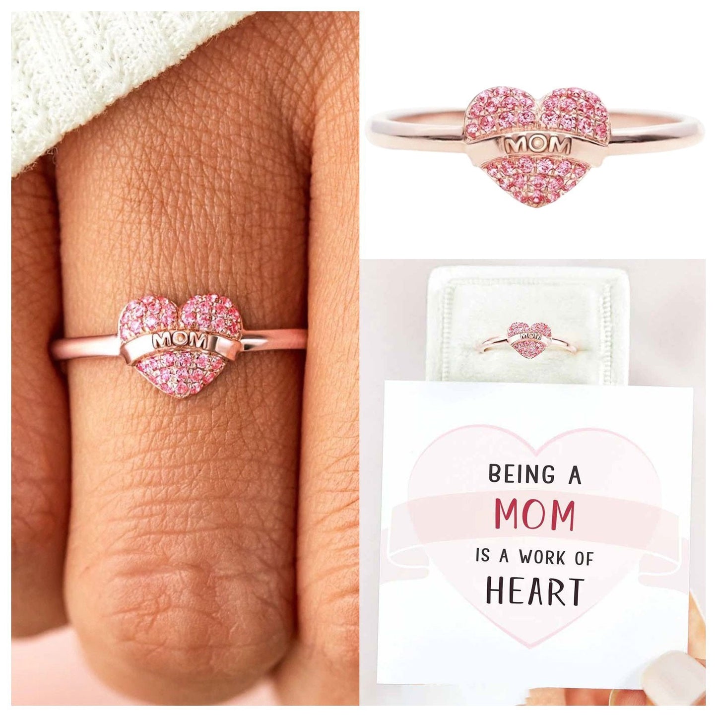 BEING A MOM IS A WORK OF HEART PAVÉ MOM HEART RING (adjustable)