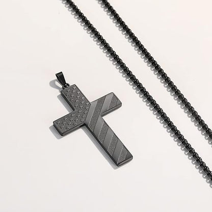 American Flag Black Cross Stainless Steel Chain Necklace Be Strong and Courageous