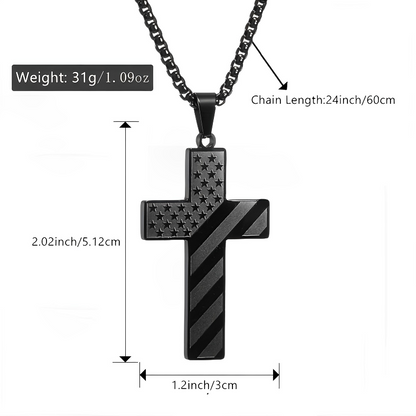 American Flag Black Cross Stainless Steel Chain Necklace Braver Stronger