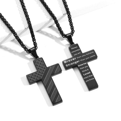 American Flag Black Cross Stainless Steel Chain Necklace Braver Stronger