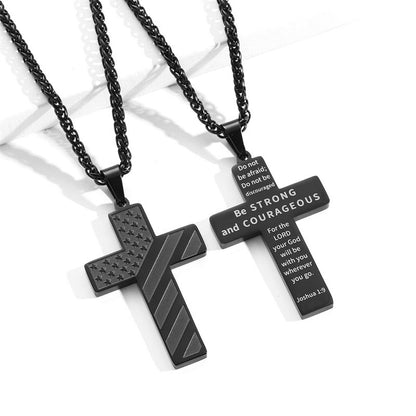 American Flag Black Cross Stainless Steel Chain Necklace Be Strong and Courageous