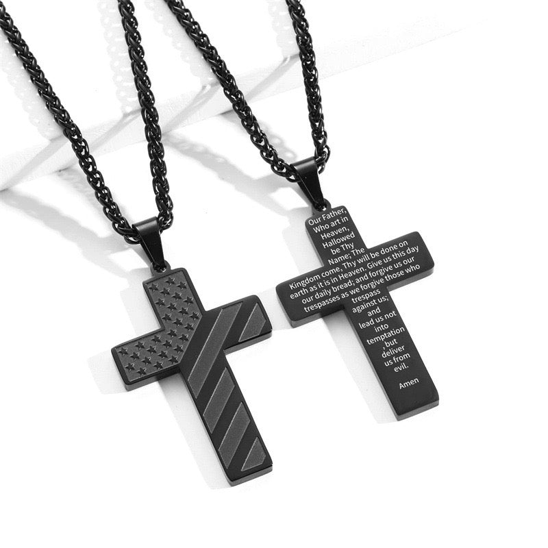 American Flag Black Cross Stainless Steel Chain Necklace Our Father