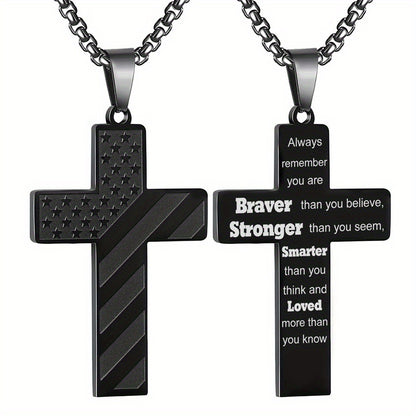 American Flag Black Cross Stainless Steel Chain Necklace Braver Stronger