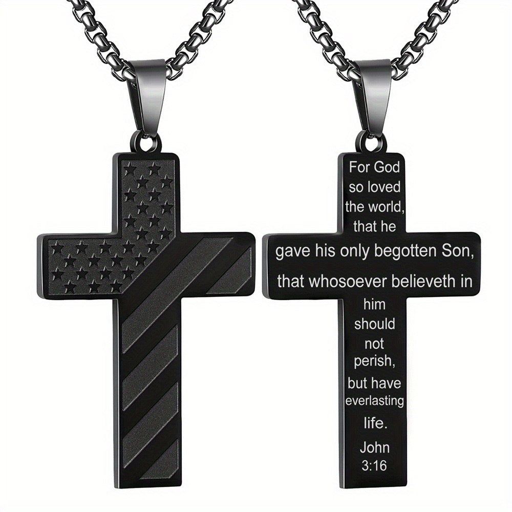 American Flag Black Cross Stainless Steel Chain Necklace For God So Loved the World