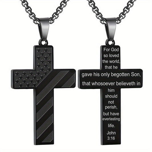 American Flag Black Cross Stainless Steel Chain Necklace For God So Loved the World