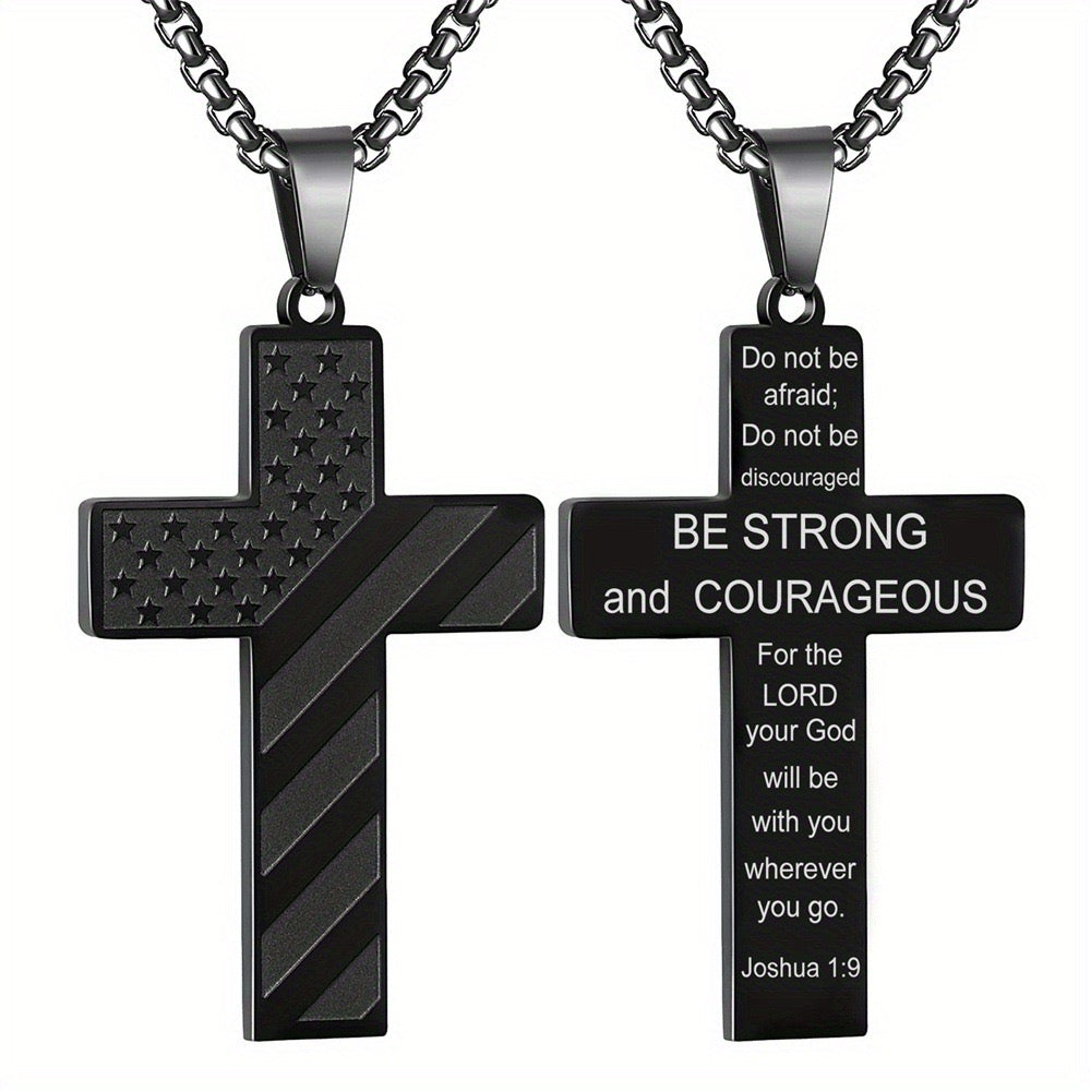 American Flag Black Cross Stainless Steel Chain Necklace Be Strong and Courageous