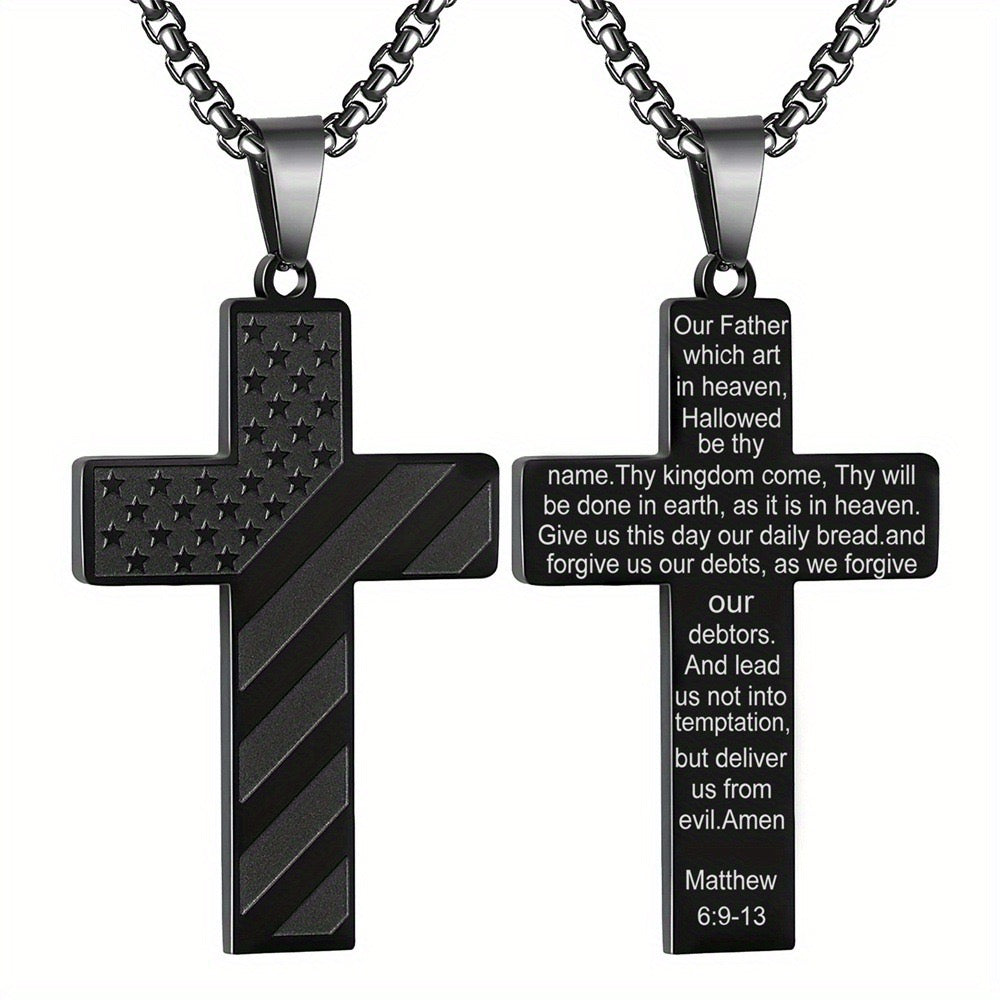 American Flag Black Cross Stainless Steel Chain Necklace Our Father