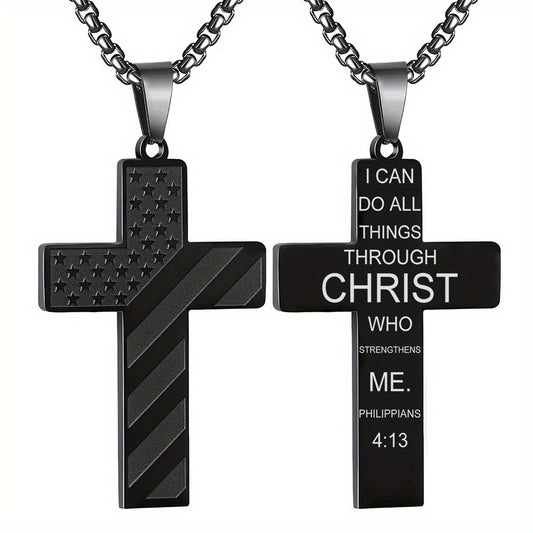 American Flag Black Cross Stainless Steel Chain Necklace All Things Through Christ