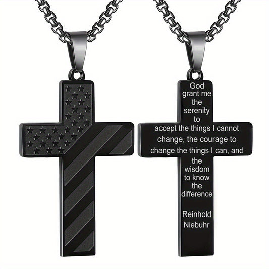 American Flag Black Cross Stainless Steel Chain Necklace God Grant Me