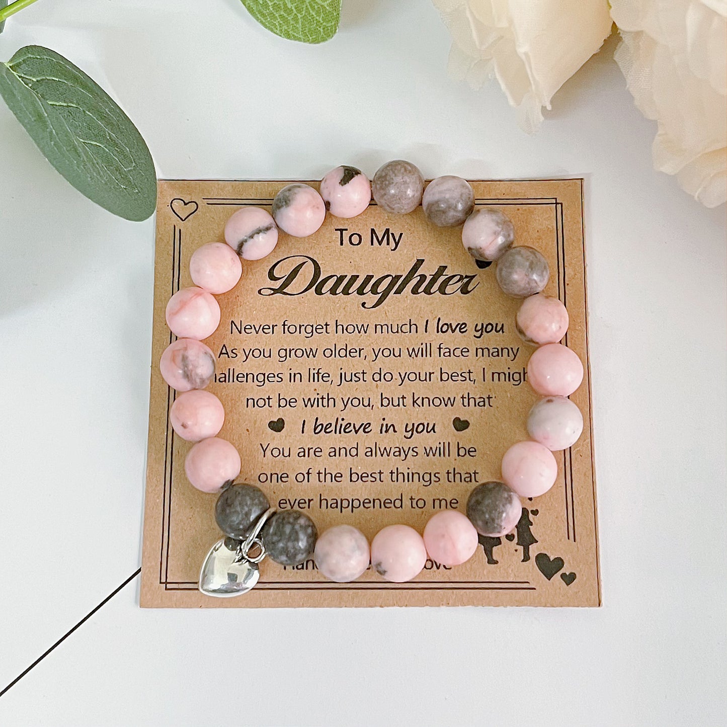 Inspirational Beaded Bracelet Jewelry For Daughter, Natural Stone Sweet Heart Bracelet from Mom Dad