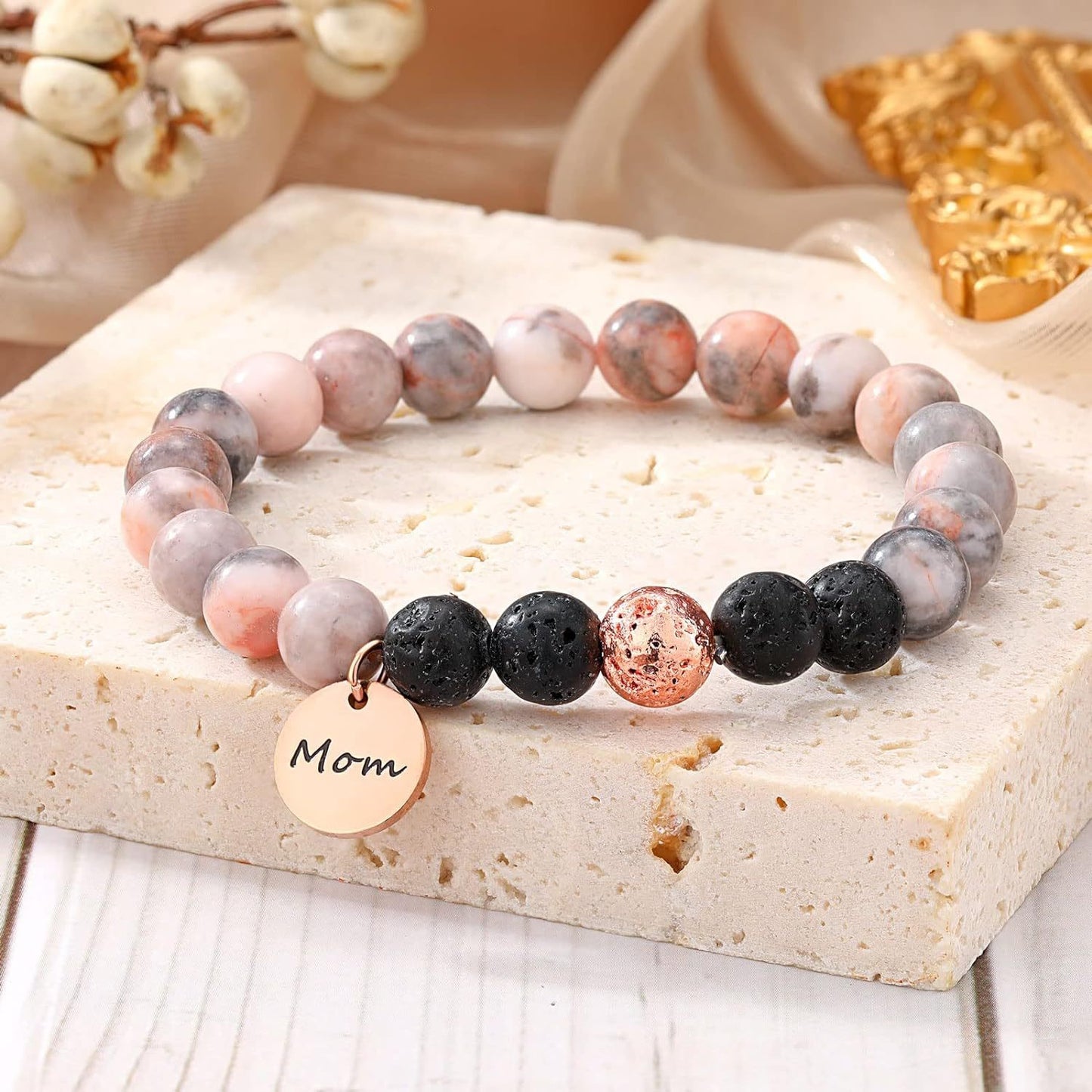 Pink Lava Rock Stone Beaded Bracelets for Women Gifts