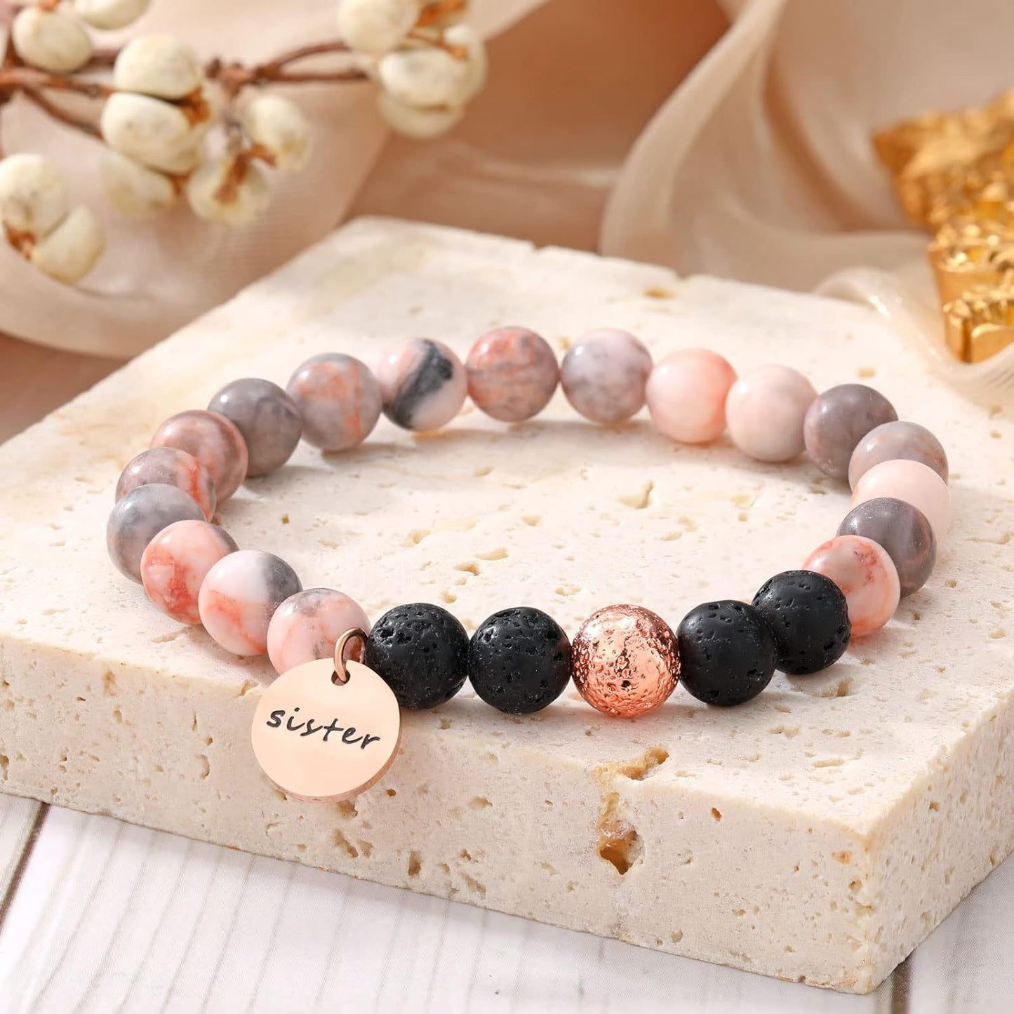 Pink Lava Rock Stone Beaded Bracelets for Women Gifts